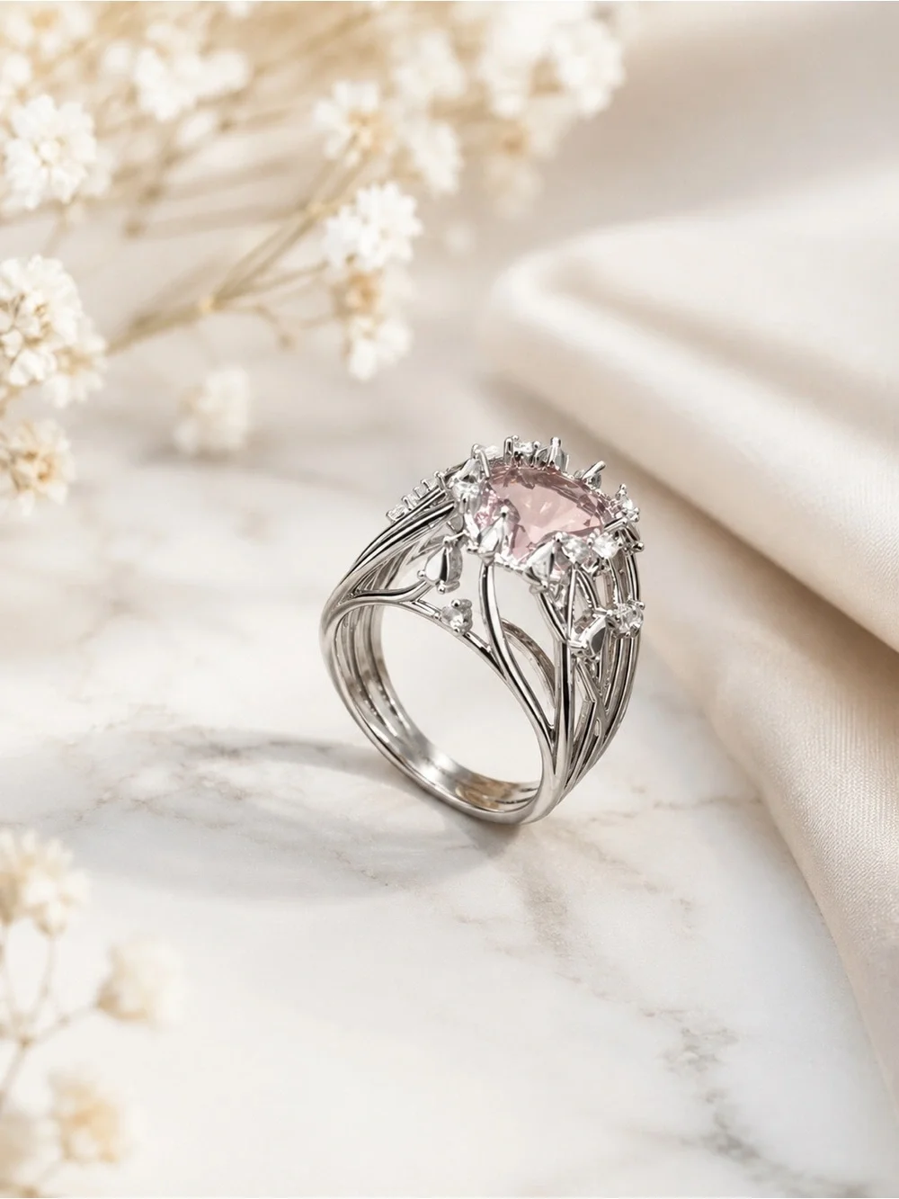 Vintage Style Pink Stone Cocktail Ring White Gold Filled Halo Cluster Statement